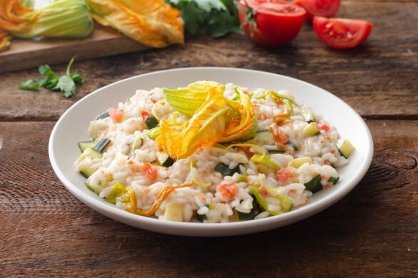 Risotto ai Fiori di Zucca, Ricotta Affumicata e Polline di Tarassaco